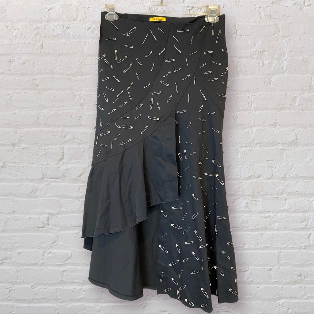 Asymmetrical Black Skirt with Safety Pin Design